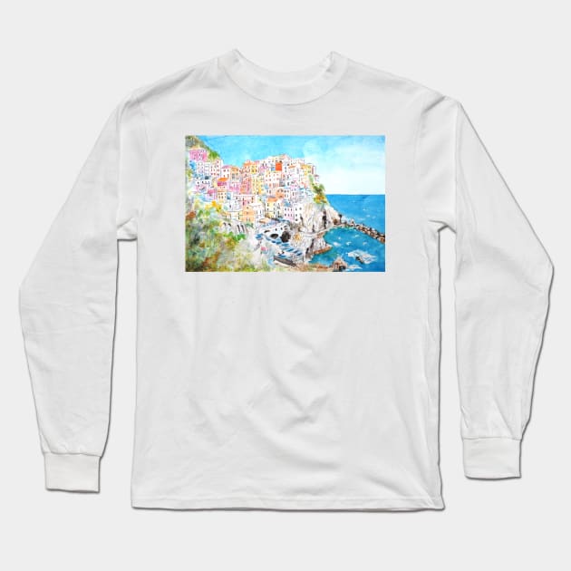 Italy Cinque Terre watercolor painting Long Sleeve T-Shirt by colorandcolor